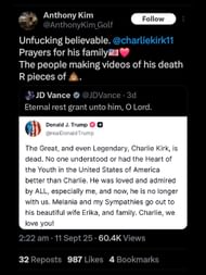 Screenshot from Kim's tweet of sending prayers to Kirk's family / Source: @AnthonyKim_Golf on X